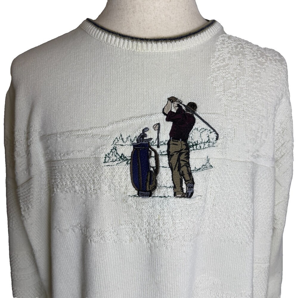 Vintage Pinnacle Men's Golf Sweater, Sz XXL, Embroidered Golfer, Beige and Cream